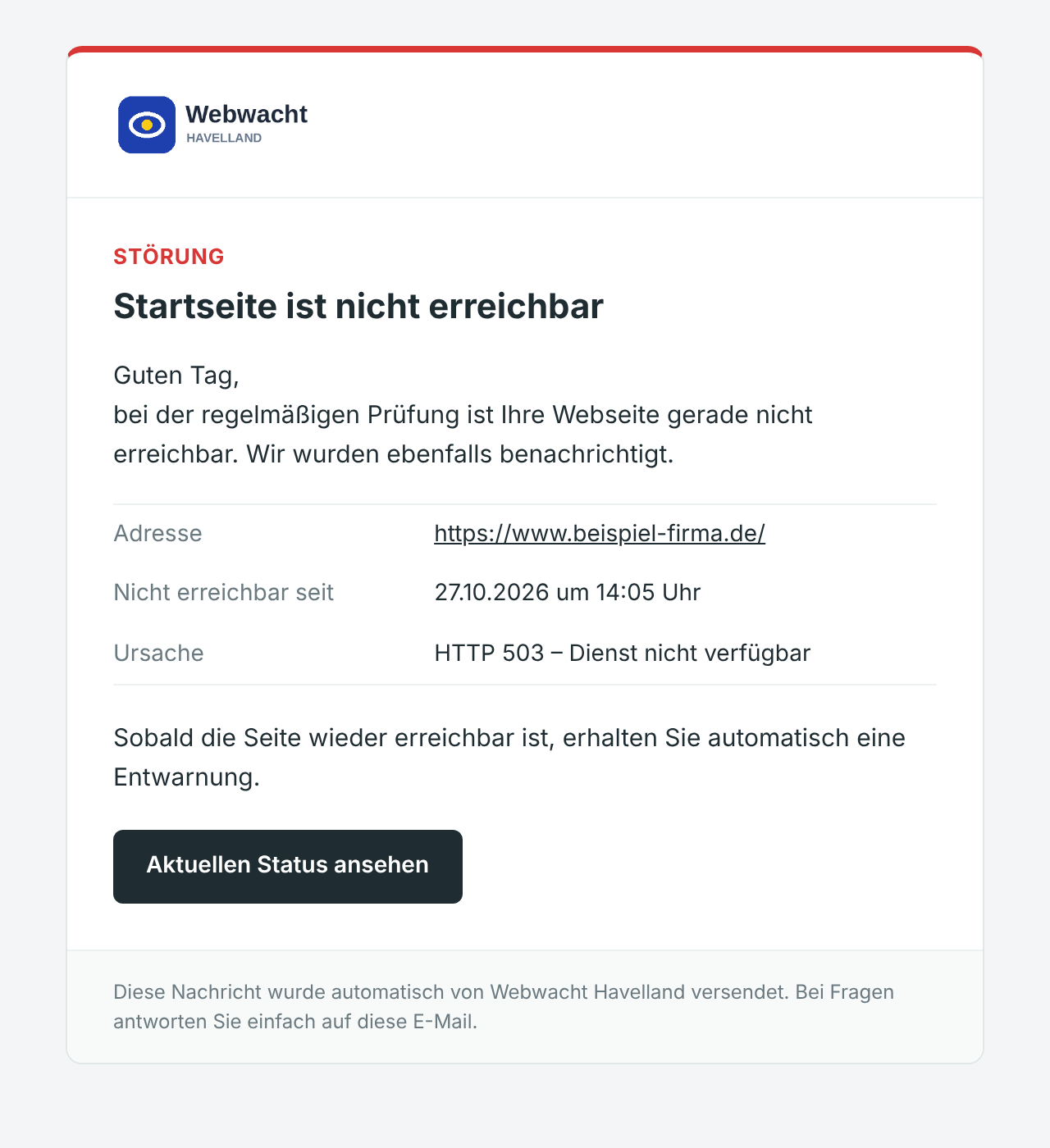 Störungsmeldung an einen Kunden – mit dem Logo der Agentur, ohne SentriCat
