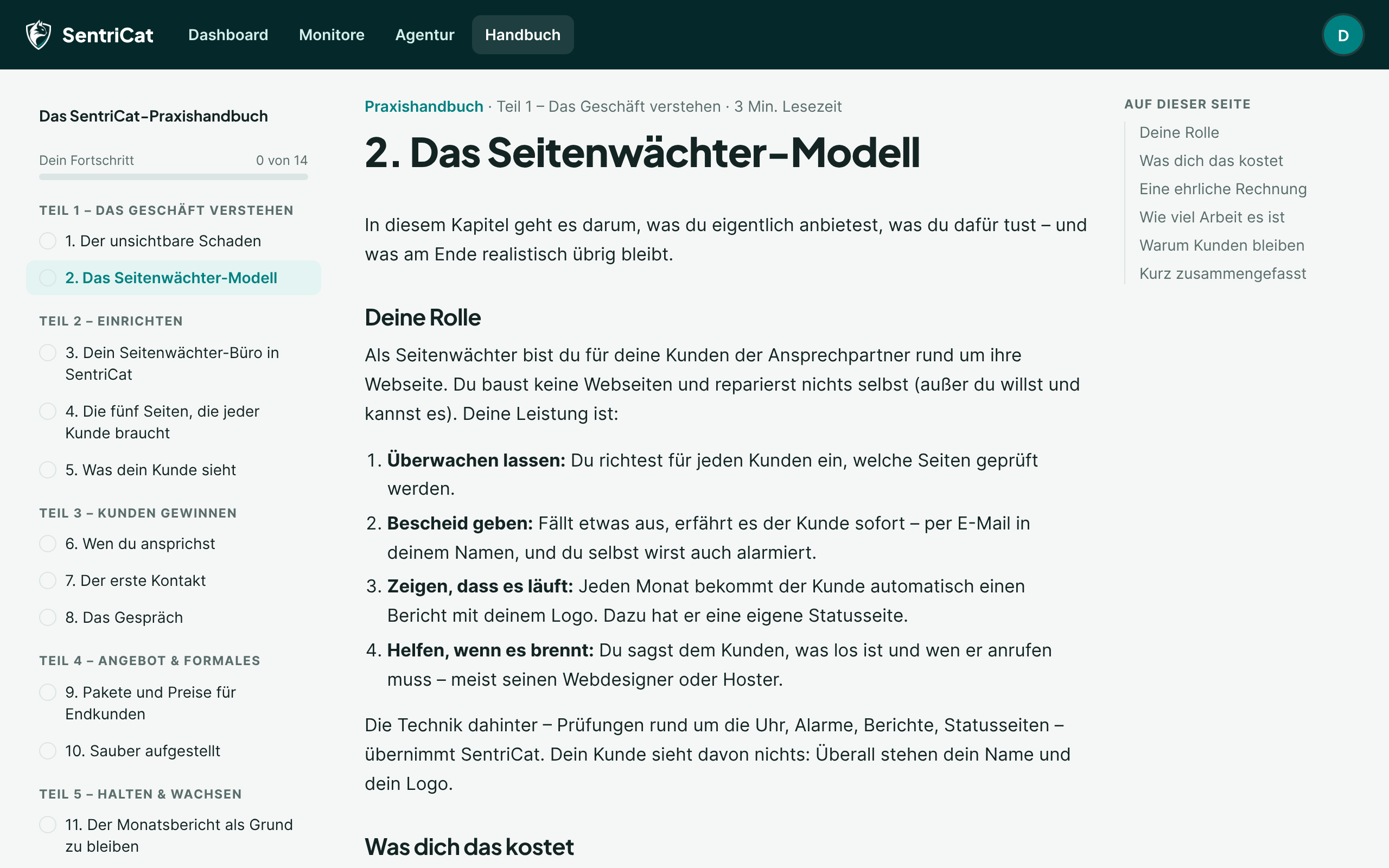 Das Praxishandbuch in SentriCat: Kapitel-Navigation links, Text in der Mitte